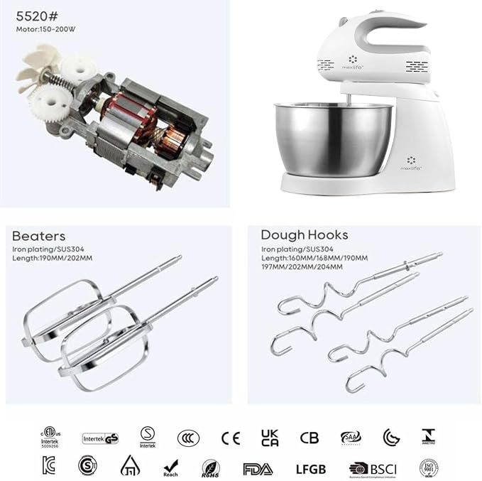 Max Life 3.2 Quarts Stand Mixer - 5-Speed Electric Powerful Stand Mixer, White, with Stainless Steel Bowl, Dough Hooks, Beaters,