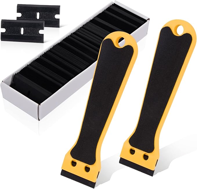 EHDIS 2pcs Plastic Razor Scraper 6-inch Long Handle Adhesive Remover Tool with 100 Double-Edge Blades for Window Tint Vinyl Scraper Decal Sticker Glue Remover (yellow)
