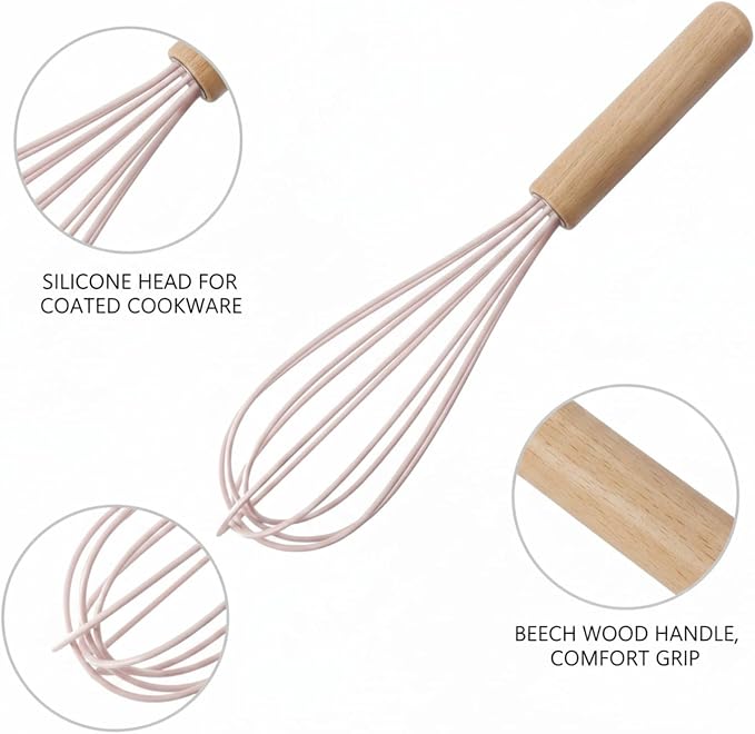 Easy-Use Manual Whisk with Silicone Head and Beech Wood Handle for Coated Cookware, 13-Inch Egg Beater