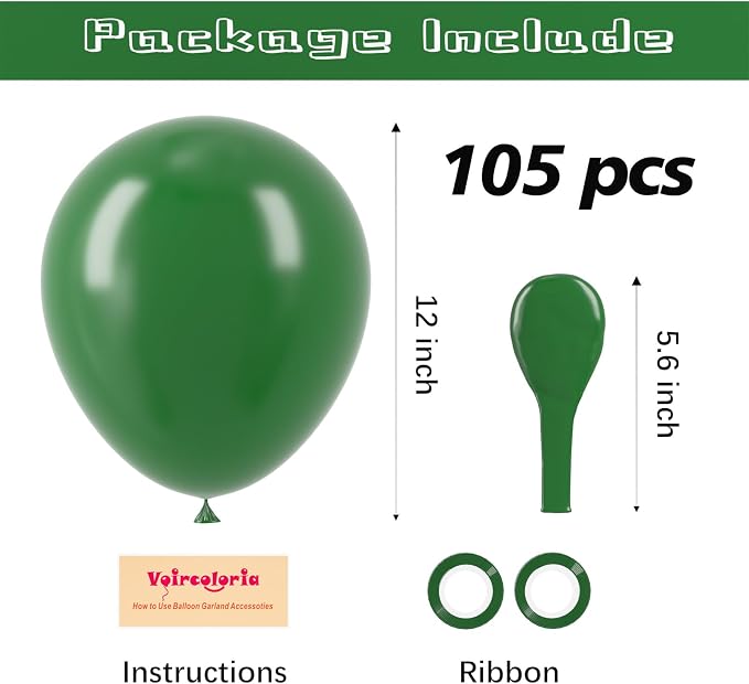Voircoloria 105pcs Dark Green Balloons 12inch Hunter Green Balloons for Birthday Dinosaur Baby Shower St. Patrick's Day Summer Jungle Forest Safari Party Decorations
