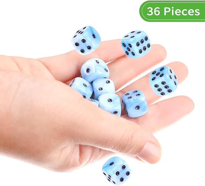 36 of Pack 12MM 6 Sided MINI Dice Set,Mixed Colours Swirls D6 Game Dice Set, 6 Sided Standard Dices for Yahtzee, Bunco or Teaching Math,with Portable Plastic Box(Blue White)