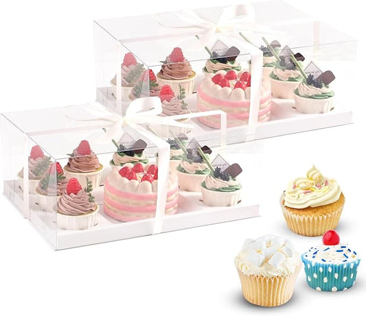 3Pcs Bento Cake Box and Cupcake 1+8 Combination Clear Window Bento Boxes, 6 Holes Bento Vake Box Suitable for 8 Regular Cupcakes and Mini Cakes