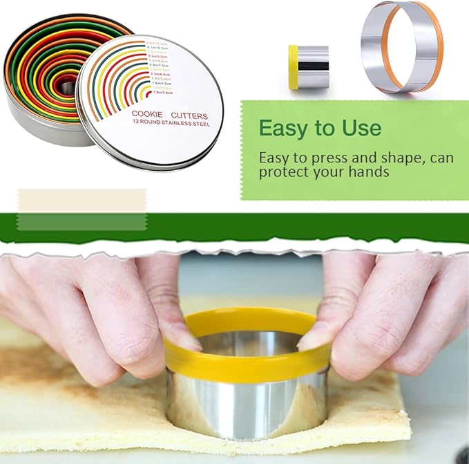 Alimat PluS Round Cookie Biscuit Cutter Set, 12 Pack Pastry Cutters in Graduated Sizes for Donut, Dough, Fondant, Clay, Stainless Steel Circle Cutter Cake Ring Molds with Colorful Rubber Coating
