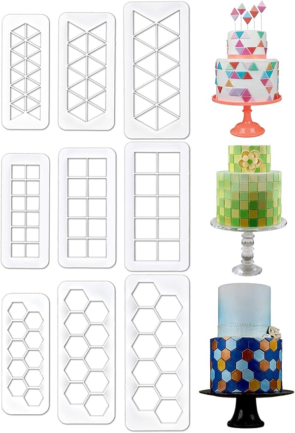 9 Pcs Geometric Multicutter Cake Fondant Cutter, Square, Hexagon, Triangle Shapes, Non-Stick Plastic, White