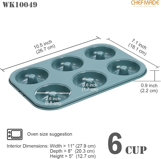 CHEFMADE Mini Donut Pan, Nonstick 6-Cavity Carbon Steel for Baking | Ring Donut Pan for Baking, Bagel Pan Bakeware. Nonstick steel, even heat to 428°F. PTFE/PFOA free. Easy clean (Green)