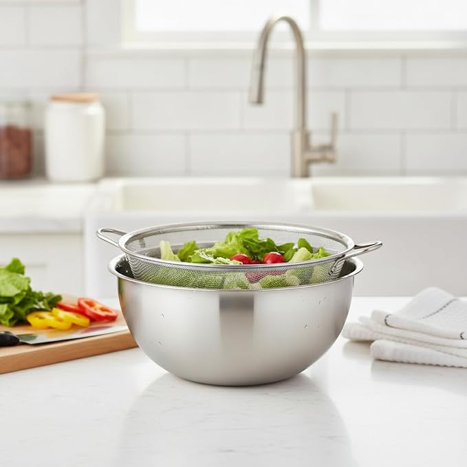 Home Cooks Stainless Steel Mixing Bowl Set with Nested Strainer for Efficient Washing and Food Prep
