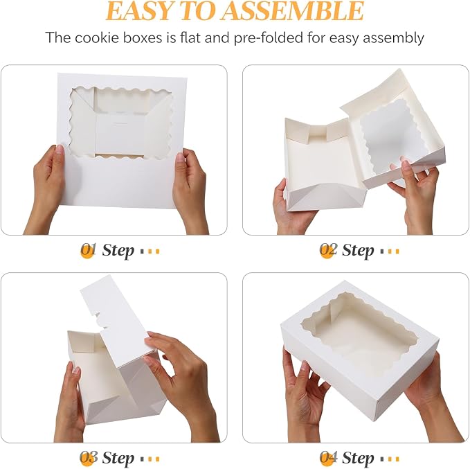 COTOPHER Auto Pop Up Cookie Box with Window 6x6x3 Inches – 50 Pack White Bakery Boxes with Gold Ribbon for Birthday Party Favors, Wedding, Christmas Gift Packaging for Cookies, Candy, Macarons