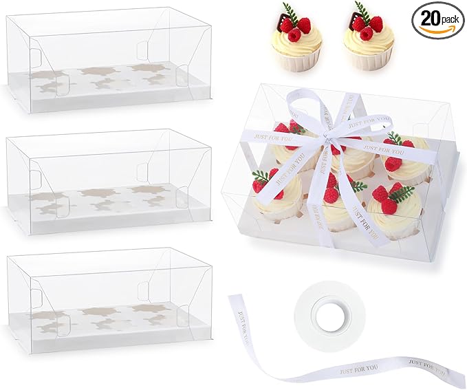 20 Packs Clear Cupcake Boxes 6 Count plastic Cupcake Carrier with Gift Ribbon Cup Cake Holder Containers for Treat Dessert Cookies Muffins Packaging for Party Baking Wedding