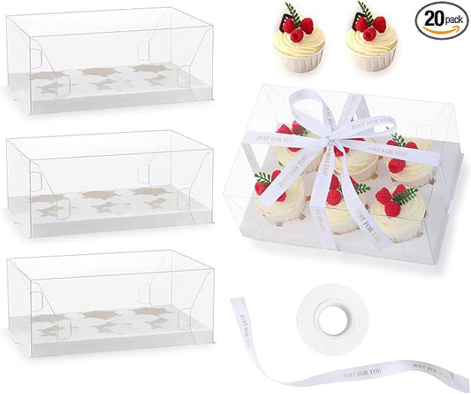 20 Packs Clear Cupcake Boxes 6 Count plastic Cupcake Carrier with Gift Ribbon Cup Cake Holder Containers for Treat Dessert Cookies Muffins Packaging for Party Baking Wedding