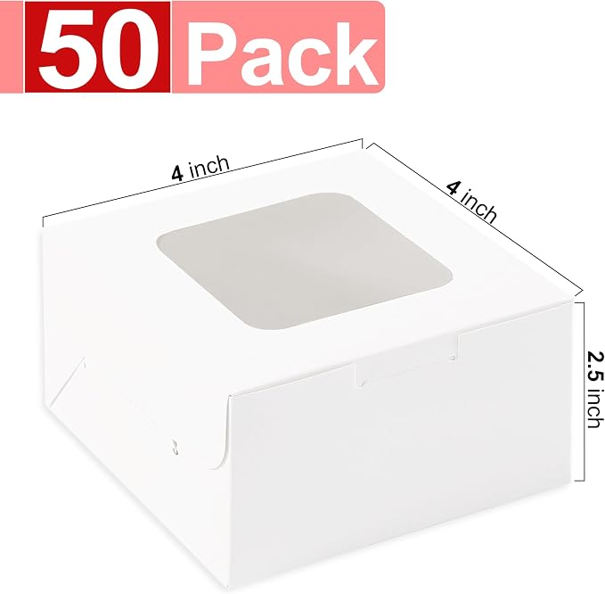 50pcs White Cookie Boxes,4x4x2.5 Inches Treat Boxes with Window for Gifting,Mini Cake,Pastry,Dessert,Bakery,Macaroon,Candy,Donut Boxes(with Stickers)