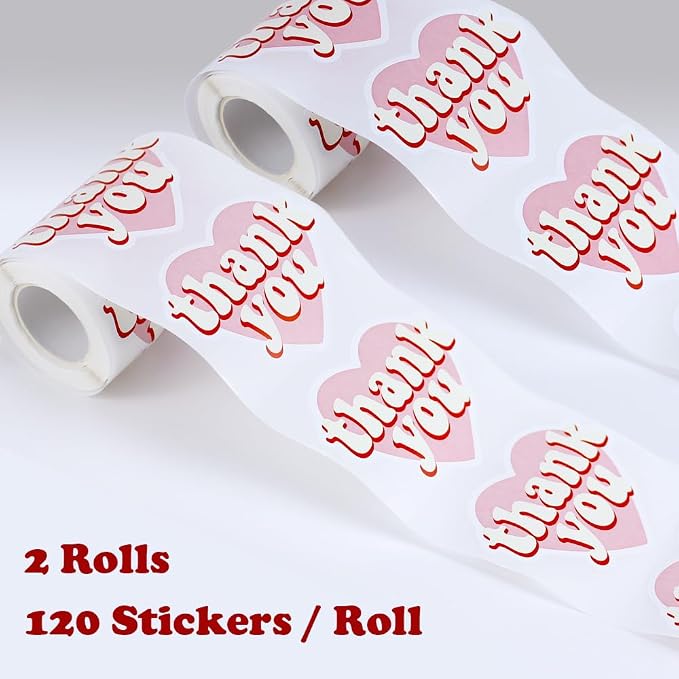 2.4 Inch Pink Heart Shaped Thank You Stickers 2 Rolls for Small Business 240 Pcs Large Personalized Self-Adhesive Sealing Stickers Labels