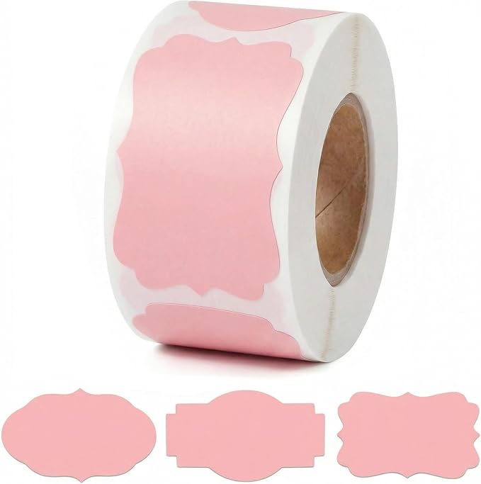 300 Pcs Pink Labels Stickers, 1.2x2 Inch, 3 Decorative Designs, Writable for Gift Wrapping, Pantry Storage, Jars & Wedding Decor