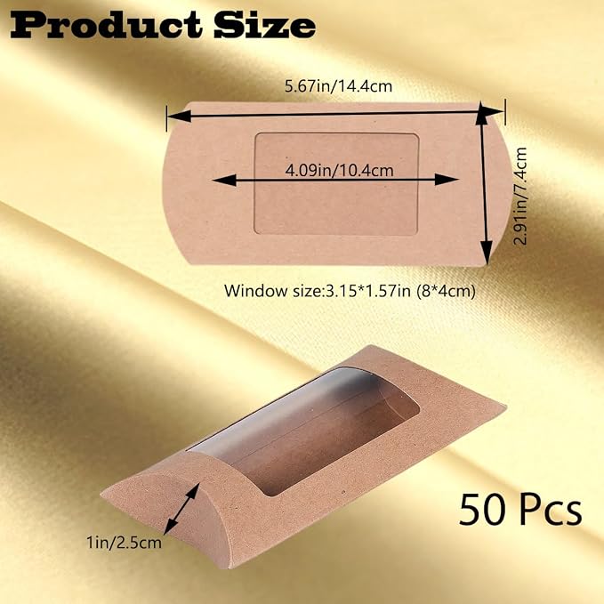 50 Pcs Pillow Gift Boxes with Windows,Kraft Paper Mini Pillow Packaging Box, Creative Favor Box Folding Treat Boxes with Clear Window for Bakery Candy Chocolate Jewelry Display Wedding Party Favor (kraft 50Pcs)