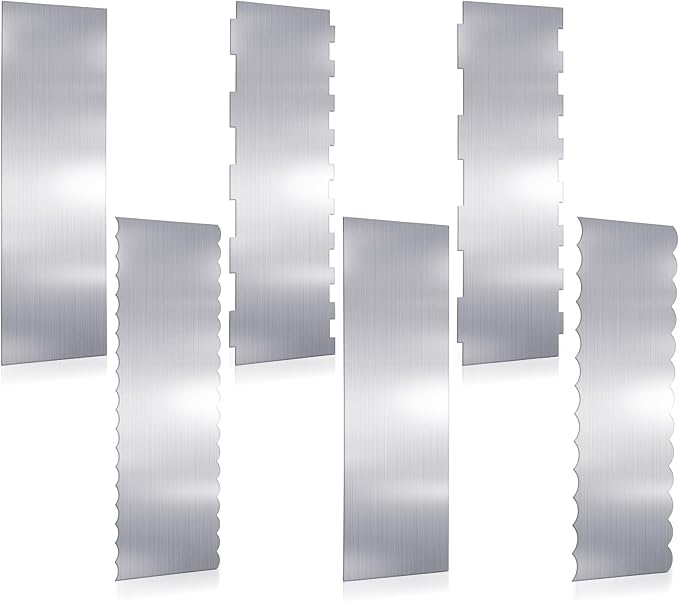 6 Pcs Stainless Steel Cake Scraper, 10 Inch & 9 Inch Large Double Sided Patterned Edge Stripe Edge Smoother Scraper Cake Decorating Comb Metal Pastry Cutter for Butter Mousse Cream Decoration
