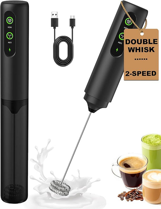 2-Speed Rechargeable Milk Frother Handheld with Cover, Dual Coil Whisk Coffee Frother Handheld - Portable Hand Frother Wand for Coffee Matcha Cappuccino & Hot Chocolate, Kitchen Gift