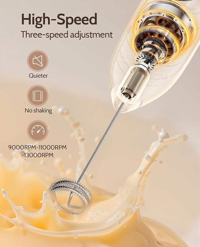 Electric Milk Frother Handheld: Rechargeable 3 Heads 3 Speeds Portable Stainless Steel Drink Foam Mixer with LED Digital Display for Milk Coffee, Lattes, Cappuccino, Matcha - Onyx Black