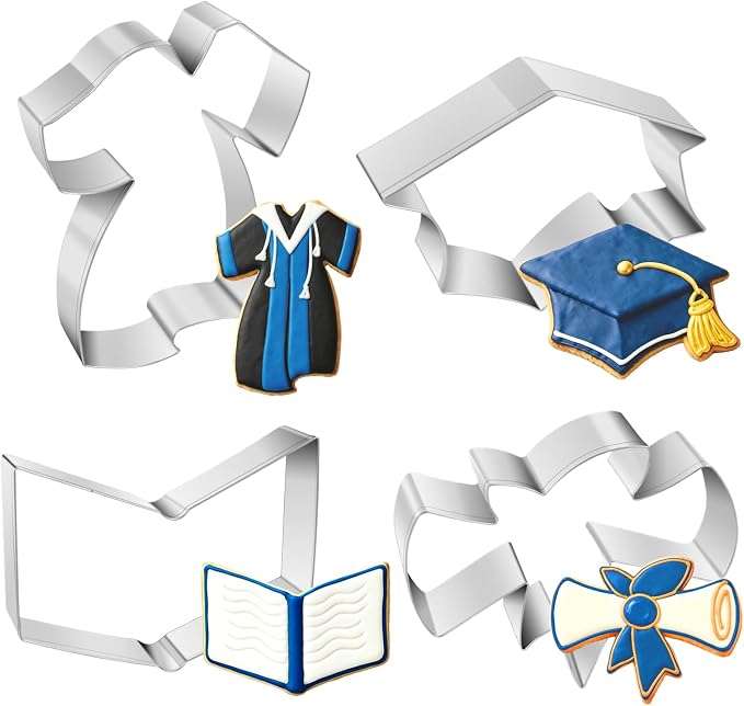 Graduation Cookie Cutters Set 4 Pieces, Stainless Steel Graduation Cap, Diploma, Graduation Gown, Cookie Cutters for Graduation Celebration Party