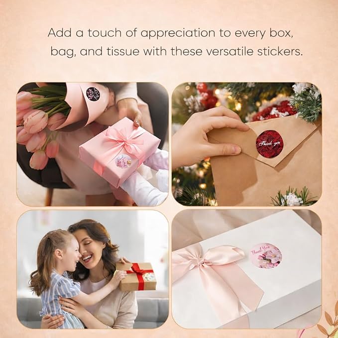IBAKE Thank You Stickers Roll, 500 Floral Thank You Labels, 1.5 Inch Waterproof Stickers for Small Business Packaging, Gift Bags, Envelopes, Orders & Handmade Products, 8 Elegant Flower Designs