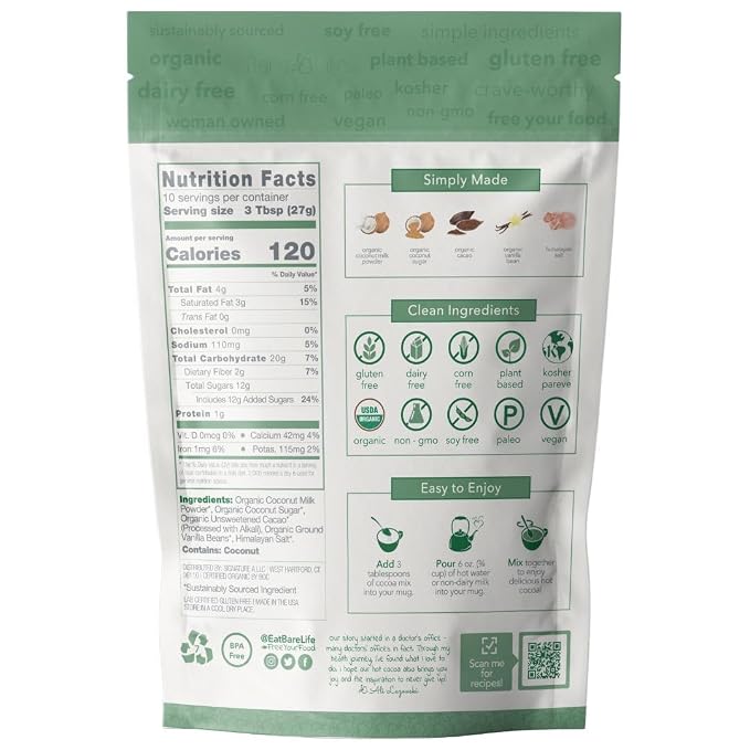 Bare Life Organic Coconut Hot Cocoa Mix, Dairy Free Hot Cocoa Mix, Vegan Hot Chocolate Powder, Gluten Free, Kosher Pareve, Just Add Hot Water, 9.52 oz Pouch