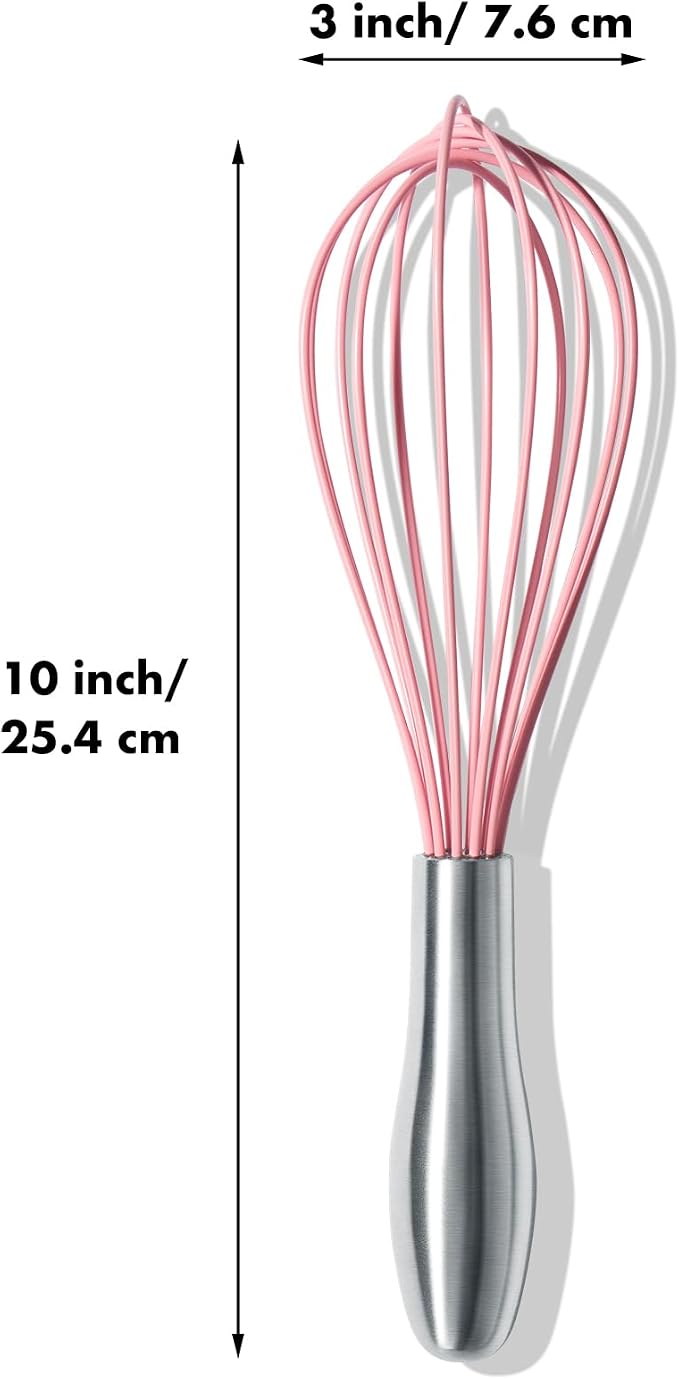 OYV 10-Inch Pink Silicone Whisk, Heat Resistant 480°F Kitchen Whisk with Stainless Steel Ergonomic Handle, Non-Scratch for Nonstick Cookware, Dishwasher Safe, Perfect for Blending, Cooking & Beating