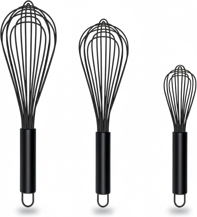 TEEVEA Silicone Whisk Set Non Scratch BPA Free for Nonstick Cookware, 3 Piece 8/10/12 Inch Stainless Steel Core Heat Resistant, Egg Beater for Cooking Baking, Black
