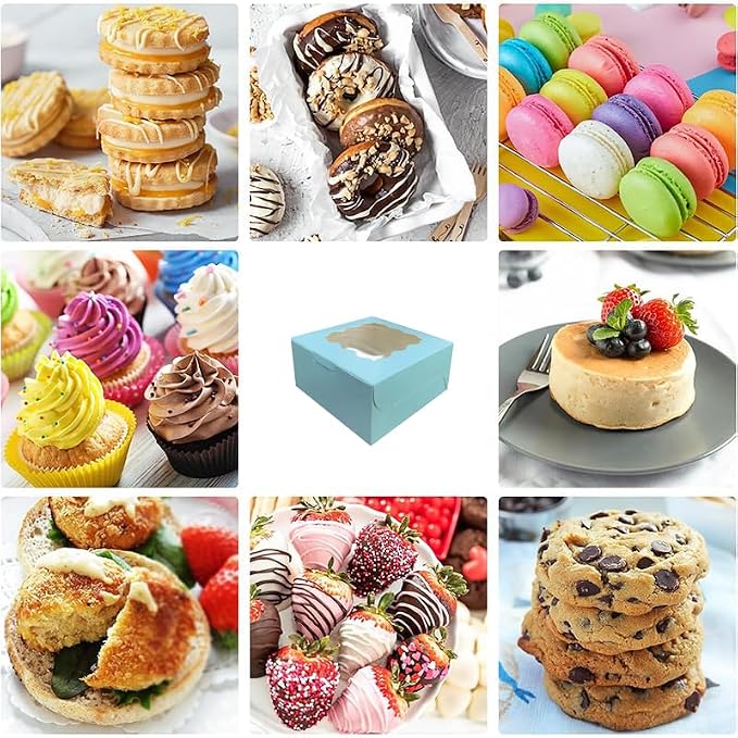 Generic 50Pcs (6x6x3 in) Mini Cake Boxes+3 stickers with Display Window for Gift Giving, Bakesale, Cupcakes, Dessert, Cookies, Pie, Macaroons, Donuts, Pastry, Kraft Paper Material… (50Pcs blue)