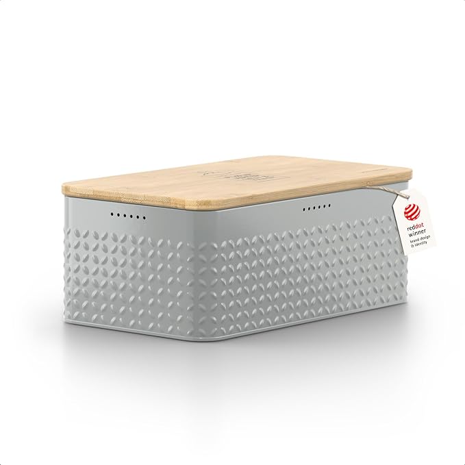 LARS NYSØM Bread Box I Metal Box for long lasting freshness I Bread Bin with bamboo lid usable as cutting board I 13.4x7.7x5.3In (Pebble Gray)