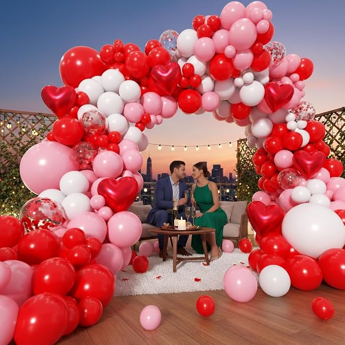 Valentines Day Balloons Garland Arch Kit - Different Size Red Pink White Balloons and Heart Foil Balloons for Valentine's Day Galentine's Day Engagement Anniversary Party Decoration Supplies
