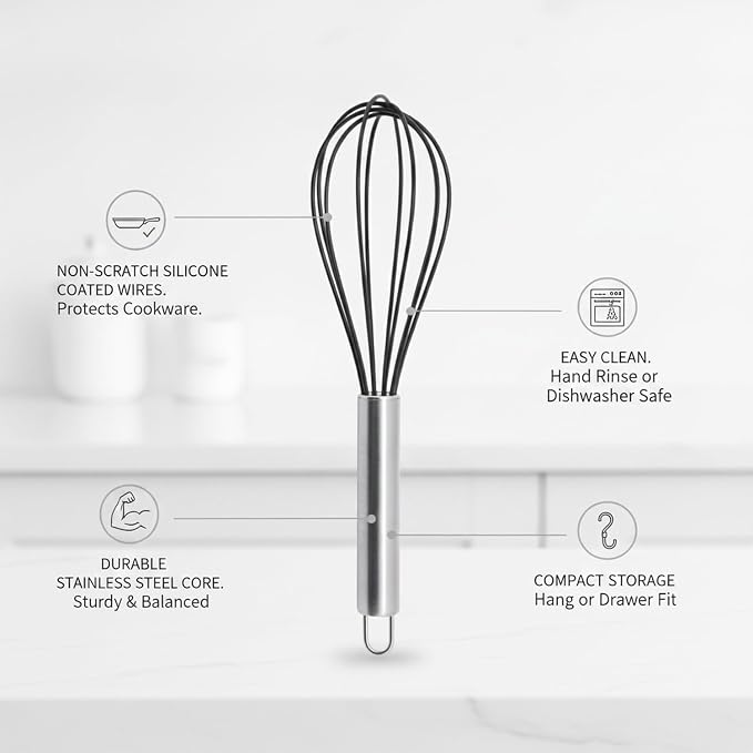 Sleek Silicone-Coated Whisk with Stainless Steel Core, Non-Scratch Mixing Tool for Baking and Cooking, 9.6 Inch
