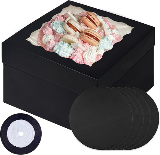 Bakepacker 12x12x8 Cake Box, 18 Sets Black Cake Box with Window ＆ 18 Sets 12" Cake Round Boards, 12inch Cake Containers, 10 Meters Silk Ribbon