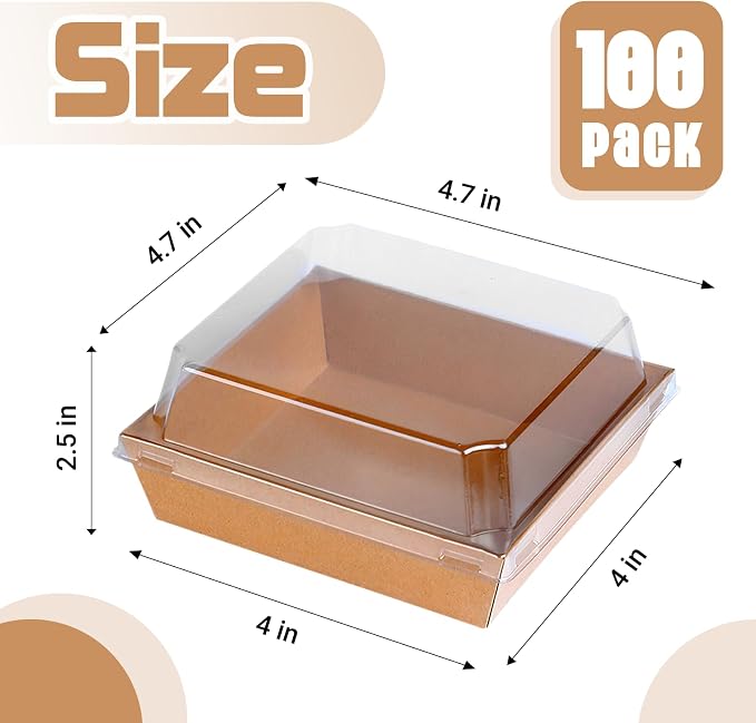 100 Pack Plastic Charcuterie Boxes with Clear Lids, 4" Small Paper to Go Food Container for Sandwich Salad Snack, Disposable Mini Bakery Dessert Boxes for Cupcakes Slice Cookies Strawberry Brown