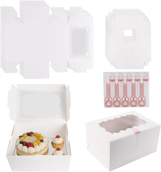 Cupcake Box Combo with Clear Window 4Sets Bento Cake Box with Cupcakes, 2 Cupcakes and 1 small Cake for Birthday Party Holiday Bakery Supplies(White/clear, 1+2/4pcs)