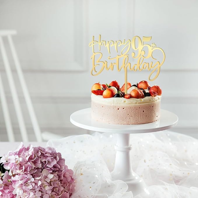 Happy 95th birthday cake Topper,Mirrored Gold Acrylic Durable Cake Topper,95th Birthday Party Cake Decorations,Hello 95th years old, Happy ninety-five years old, Birthday Party Decorations