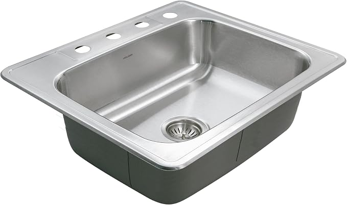 Houzer 2522-9BS4-C Glowtone 25 Inch Stainless Steel Kitchen Sink, 4 Hole, Drop-In, Topmount, 18-Gauge T304 Stainless Steel, 9 Inch Depth, Cabinet Compatibility, Lustrous Satin Finish