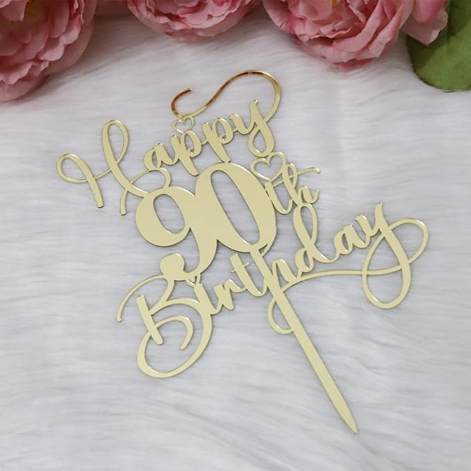 Happy 90th Birthday Cake Topper，Mirrored Gold Acrylic Birthday Topper for Cheers to 90 Years Birthday/Anniversary Party Decoration Ideas, Perfect Keepsake for your family and friends(90th)