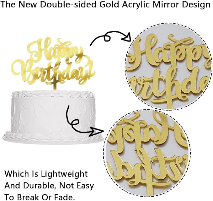 Sleyberoy Happy Birthday Cake Topper-Golden Acrylic Happy Birthday Cake Decor， Anniversary/Birthday Party Cake Decor (Acrylic gold)