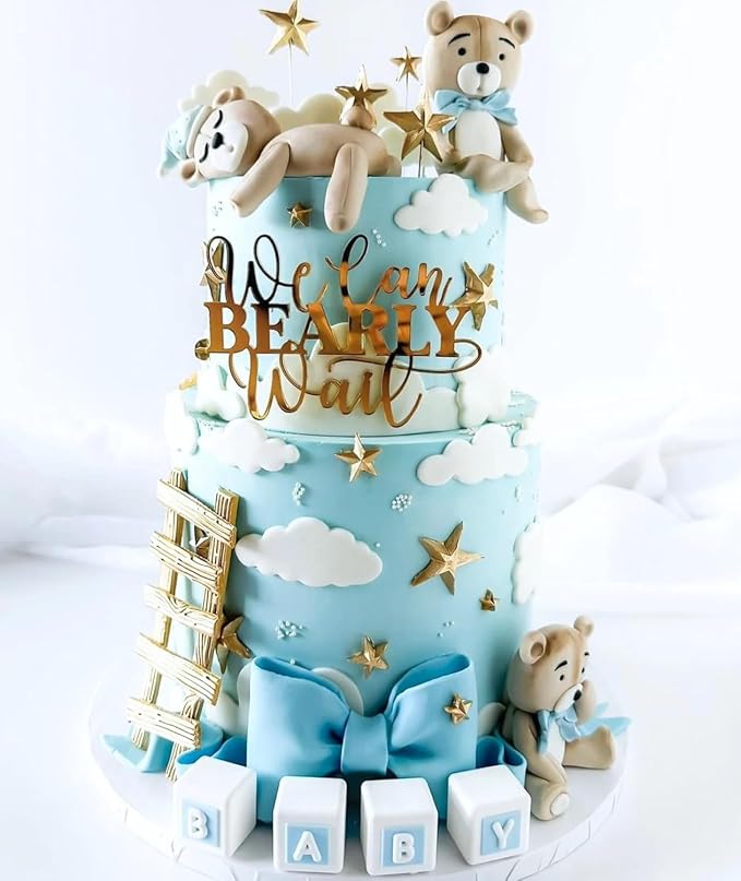 "We Can Bearly Wait" Baby Shower Cake Topper, Gold Acrylic Bear Theme Party Cake Topper, Welcome Baby,Pregnancy Announcement,Baby to Be for Baby Shower Party Supplies,Gender Reveal Photo Props