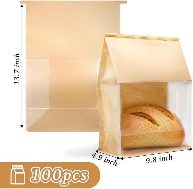 100PCS Bread Bags for Homemade Bread 13.7×9.8×4.9inch Paper Breads Bag with Clear Window Tin Tie Tab Lock Large Kraft Sourdough Breads Bag Paper Bakery Bags for Cookies