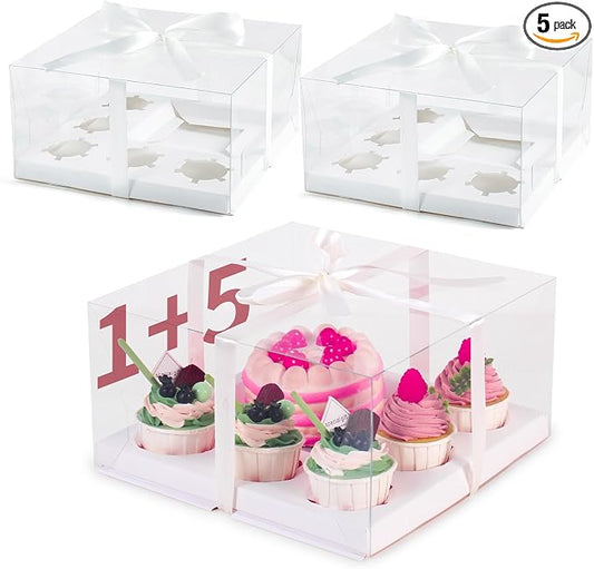 JCD 5 Pcs Bento Cake and Cupcake Box 1+5 Combination Clear Window Bento Boxes with Ribbon 4-5in Mini Cake and 5 Cupcakes Combo Box for Family Dinner Wedding Birthday Party Picnic Gift(1+5/5Pcs)