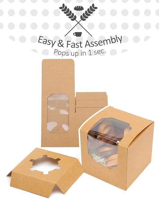 qiqee Brown Auto-pop up Cupcake Boxes Individual Cupcake 3.5x 3.5x 3.5inch 200pcs Single Cupcake Boxes