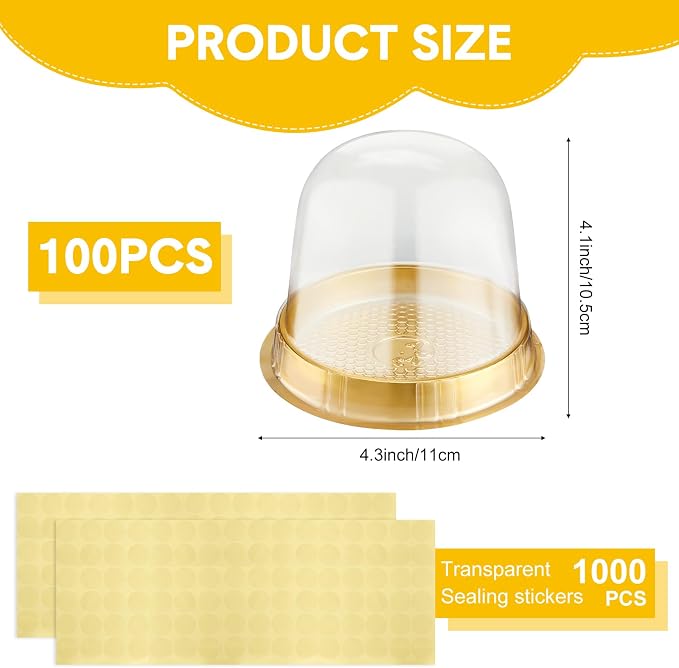 Mimorou Individual Cupcake Boxes Clear Plastic Cupcake Containers Disposable Single Holder with Lid Tall Cake Carrier 5.3 Inch Diameter 4.3 Inch Height with Stickers for Wedding(Gold,100pcs)