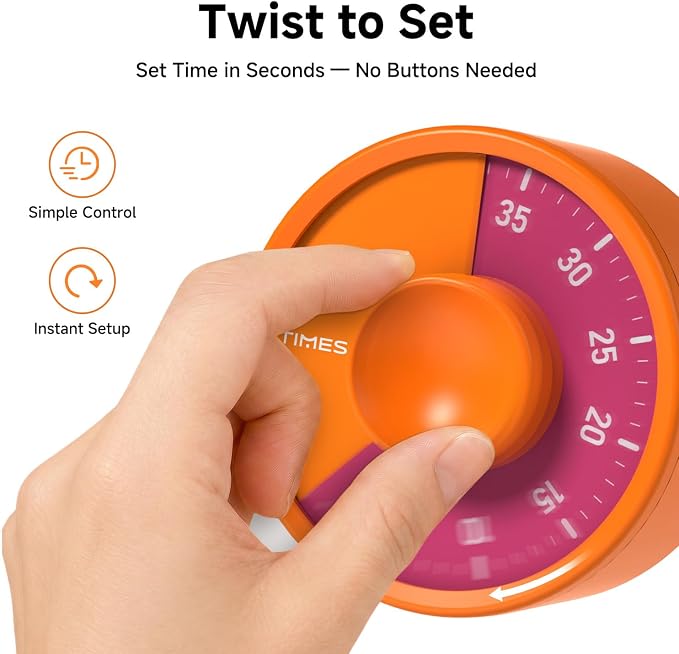 60-Minute Visual Timer, Twist to Set, Loud Battery-Powered Alarm, High-Visibility Rotary Countdown Dial for Kitchen, Work, Study & Time Management (Orange)