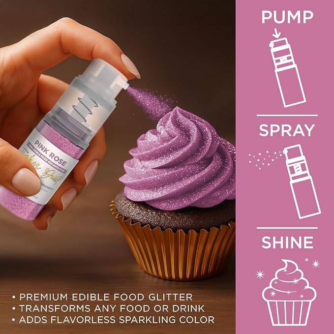 Bakell - Pink Rose Tinker Dust (4g, 1x Mini Spray Pump) Edible Glitter for Food, Desserts, and Baked goods!