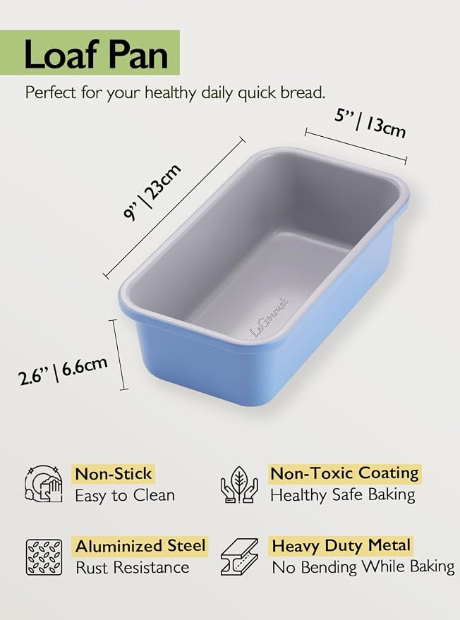 LeGourmet Nonstick Bread Loaf Pan 9 X 5 Inch, Ceramic Coating, Non-Toxic, Rust Resistant Aluminized Steel, Perfect 1 lb Baking Dish for Meatloaf, Pound Cake & Brownie (Cyan 2pcs)