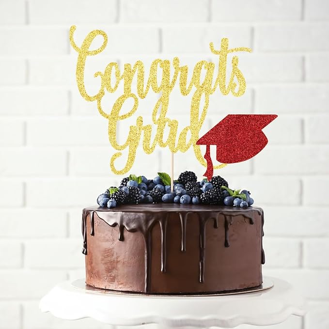Congrats Grad Cake Topper,2026 Graduation Cake Topper, Congrats Grad Decorations,2026 High School/College/Senior Graduation Party Decorations Supplies. (Congrats Grad Gold red)