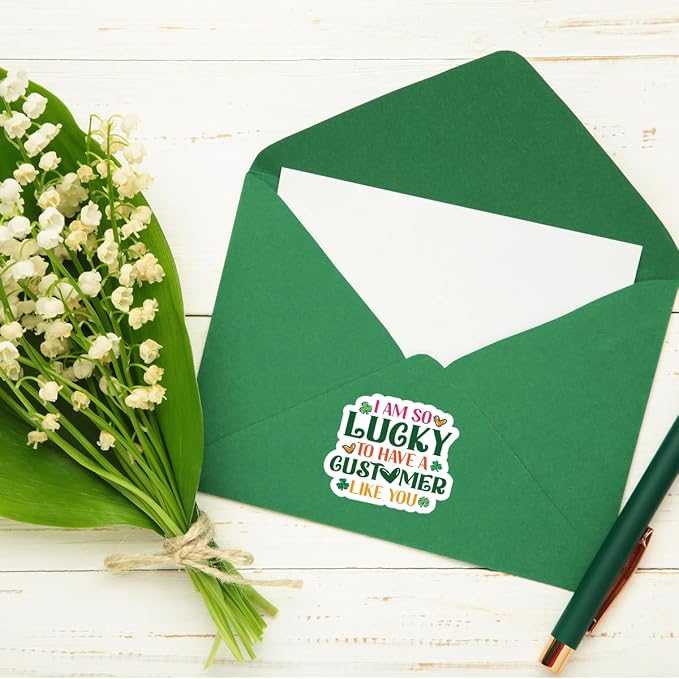 200 PCS St. Patrick's Day Business Packaging Stickers,I Am so Lucky to Have a Customer Like You,Clover Stickers for Envelopes Shipping Boxes Gift Packaging
