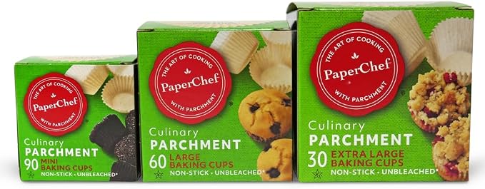 PaperChef Variety Pack Parchment Cups XL, Large, Mini, Nonstick 3 Pack | Easy Release, Non-Stick Paper, Unbleached, Compostable, Parchment for Cupcakes and Muffins