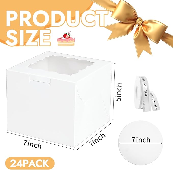 48PCS 7x7x5 inch Mini Cake Boxes with Cake Boards(24 Boxes &24 Boards) , White Bakery Boxes with Window for Pastries,Cake Containers with Ribbon for Cookies Gifts and Birthday Party(7*7*5inch/24pcs)