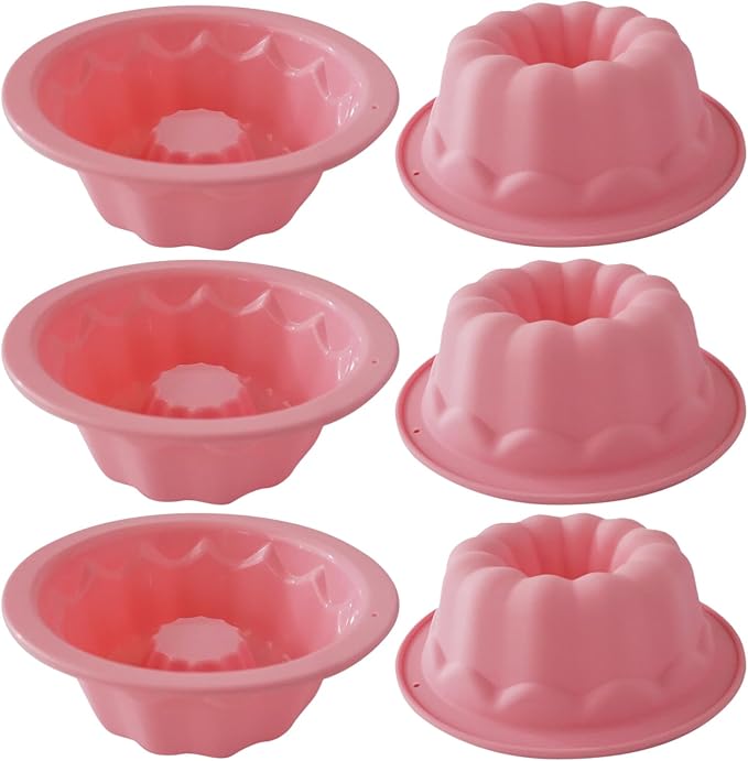 Silicone Small Fluted Cake Pans 4 Inch, Nonstick Baking Mold Pumpkin Shape, Reusable Round Mini Cake Pan Set, Individual Muffin Donut Pan for Cupcake, Jelly, Brownies- 6pcs, Pink