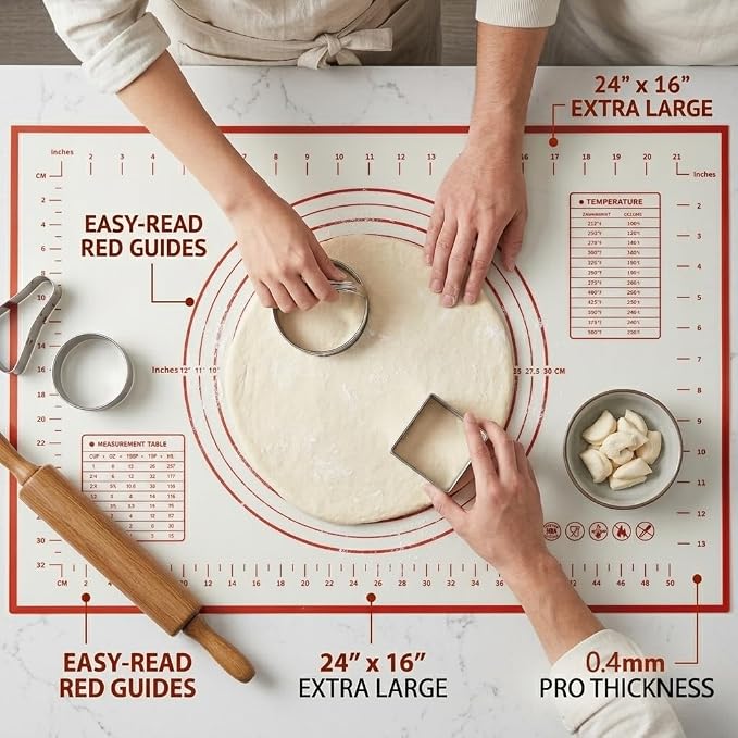 Pastry Mat for Rolling Dough - 24" x 16" Extra Large Silicone Baking Mat, 0.4mm Thick Non-Stick Bread Mat for Sourdough & Pizza, Non-Slip Kneading Mat with Measurements, Professional Grade